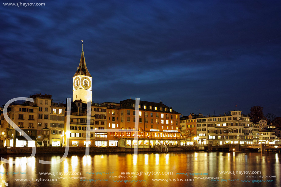 Night photo of Zurich and Limmat River, Switzerland
