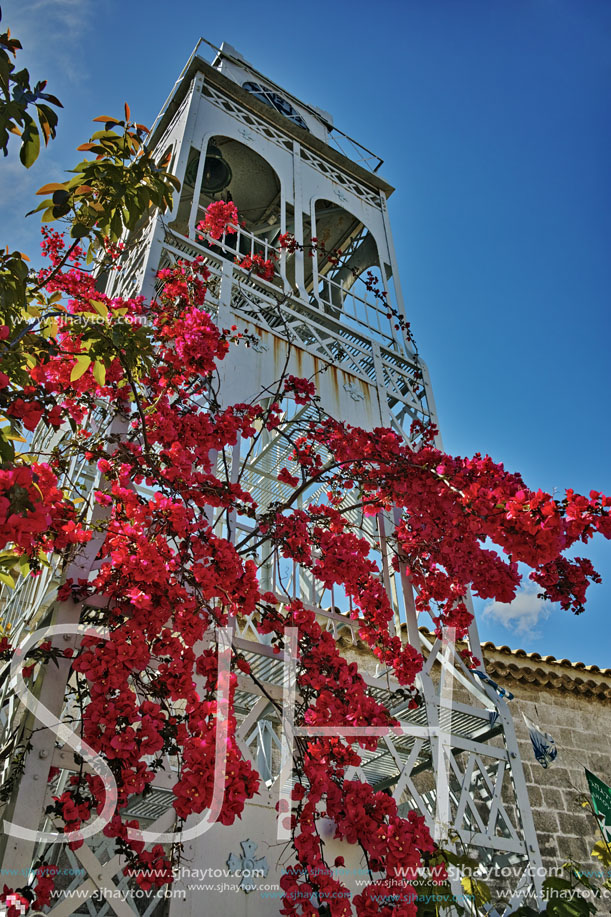 Belfry of the Church with Spring Flowers in Lefkada town, Ionian Islands, Greece