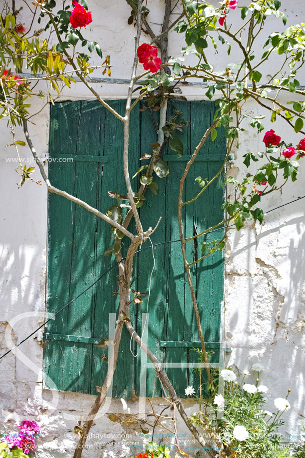 Window of the medieval house with flowers, Zakynthos island, Greece