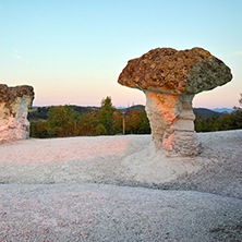 Sunrise at a rock phenomenon The Stone Mushrooms near Beli plast village, Kardzhali Region, Bulgaria