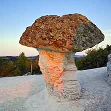 Sunrise at a rock phenomenon The Stone Mushrooms near Beli plast village, Kardzhali Region, Bulgaria
