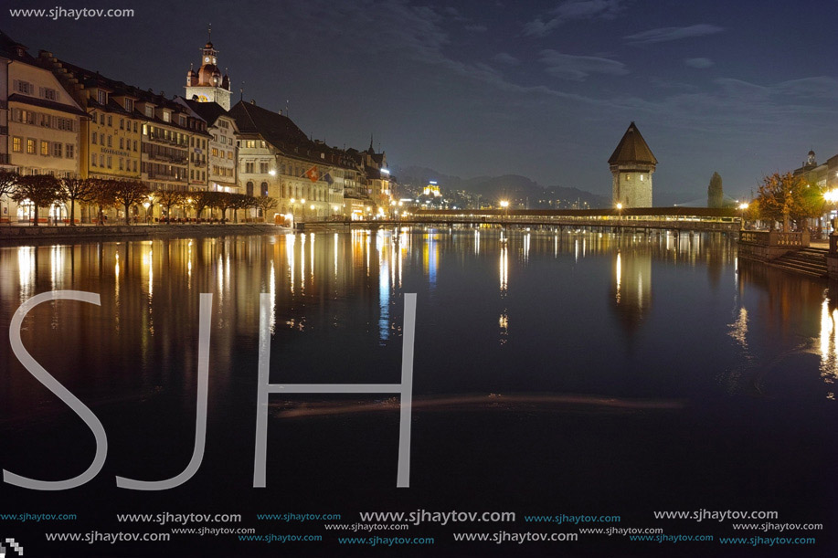 Night photos of City of Lucern and Reuss River, Canton of Lucerne, Switzerland