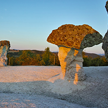 Sunrise at a rock formation The Stone Mushrooms near Beli plast village, Kardzhali Region, Bulgaria