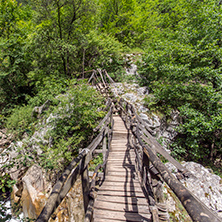 Wooden bridge during sunny morning, Erma River Gorge, Bulgaria