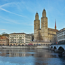 Amazing view of Grossmunster church, City of Zurich, Switzerland