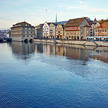 Panoramic view of city of Zurich and reflection in Limmat River, Switzerland