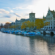 Sunset cityscape of Limmat River, Zurich, Switzerland