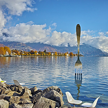 Panoramic view of Lake Geneva from town of Vevey, canton of Vaud, Switzerland