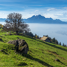 Mount Pilatus and Lake Lucerne covered with frog, Alps, Switzerland
