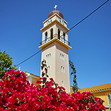 Otthodox church with flowers in Karavomilos village, Kefalonia, Ionian islands, Greece