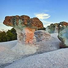 Sunrise over rock formation The Stone Mushrooms near Beli plast village, Kardzhali Region, Bulgaria