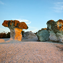 Morning landscape of rock formation The Stone Mushrooms near Beli plast village, Kardzhali Region, Bulgaria
