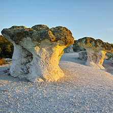 Sunrise at a rock formation The Stone Mushrooms near Beli plast village, Kardzhali Region, Bulgaria
