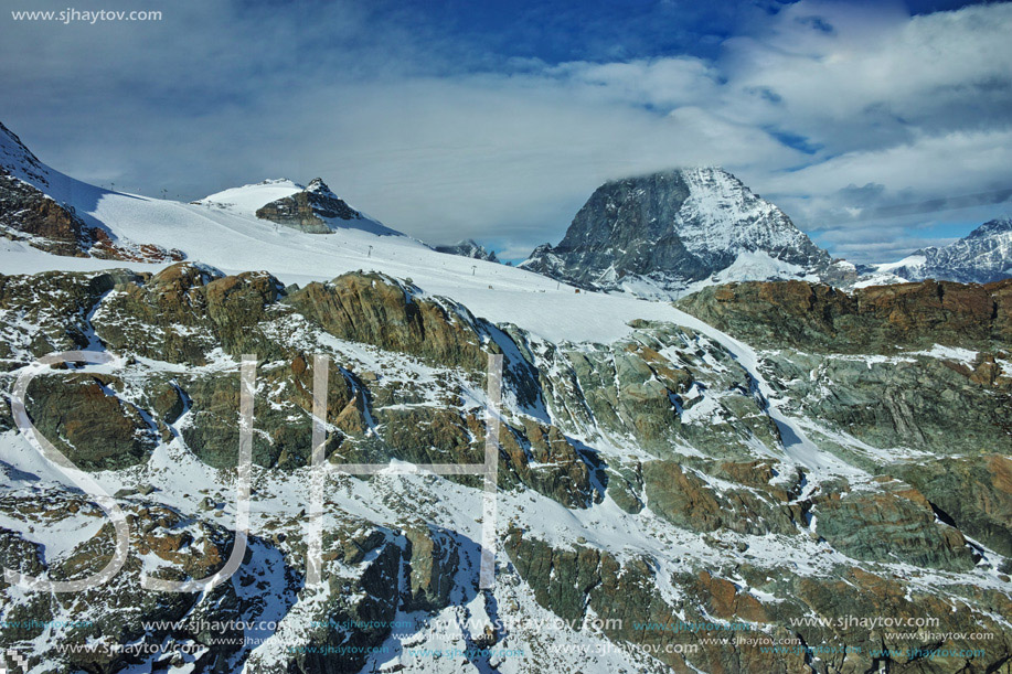 Panoramic view of mount Matterhorn covered with clouds, Alps, Switzerland