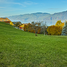 Amazing Landscape of Lake Thun and typical Switzerland village near town of Interlaken, canton of Bern