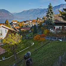 Lake Thun and typical Switzerland village near town of Interlaken, canton of Bern