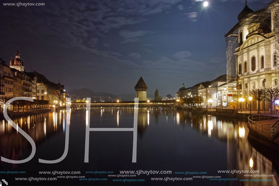 Night photos of City of Lucern and Reuss River, Canton of Lucerne, Switzerland