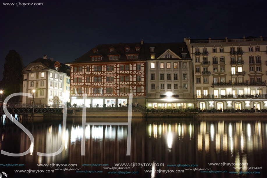 Night photos of old town of Lucern and Reuss River, Canton of Lucerne, Switzerland