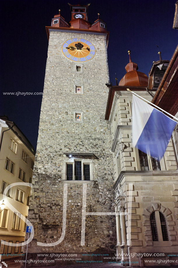 Night photo of Clock Tower in City of Lucern, Canton of Lucerne, Switzerland