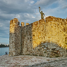 The port of Nafpaktos town and monument over Castle wall, Western Greece