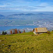 Small mountain house and Panoramic view to Lake Luzerne, Alps, Switzerland