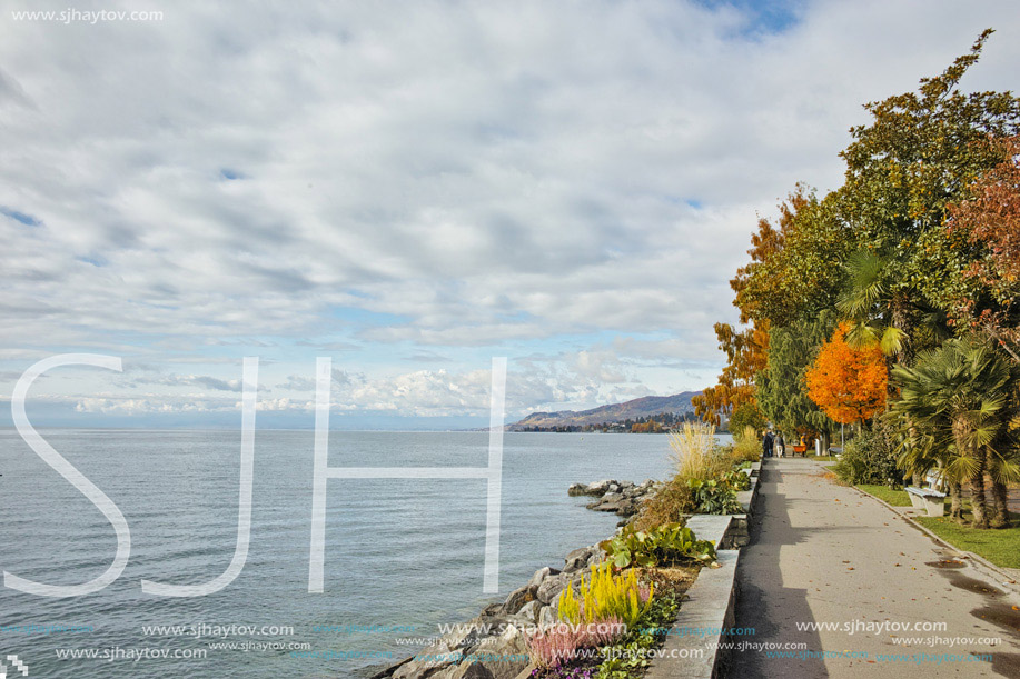 autumn Panorama of Embankment of Montreux and Lake Geneva, canton of Vaud, Switzerland