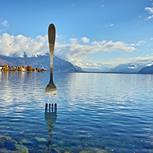 Panoramic view of Lake Geneva from town of Vevey, canton of Vaud, Switzerland