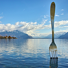 Amazing panorama of Lake Geneva from town of Vevey, canton of Vaud, Switzerland