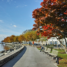Amazing Autumn Landscape of embankment of town of Vevey and Lake Geneva, canton of Vaud, Switzerland