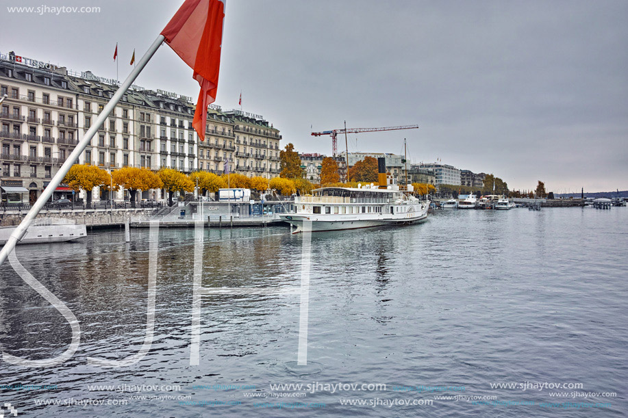 Amazing morning view of Geneva and ship in the lake,  Switzerland
