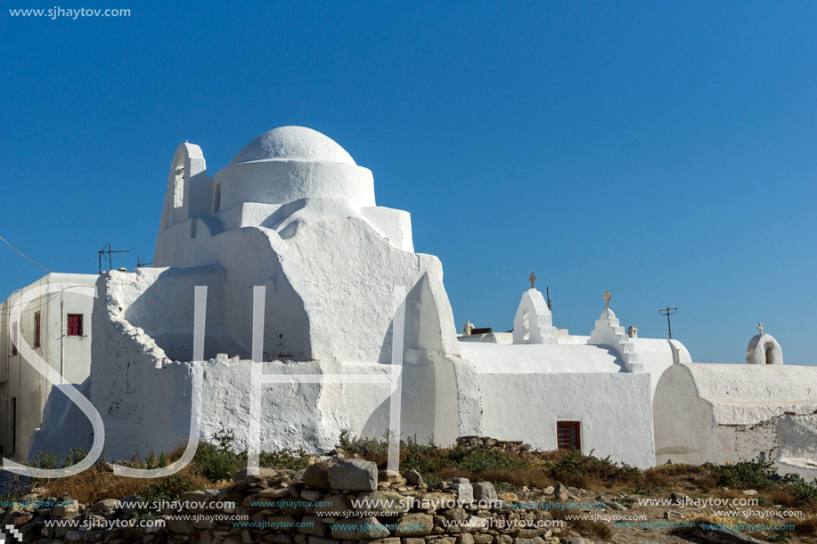 White orthodox church and blue sky in Mykonos, Cyclades Islands, Greece