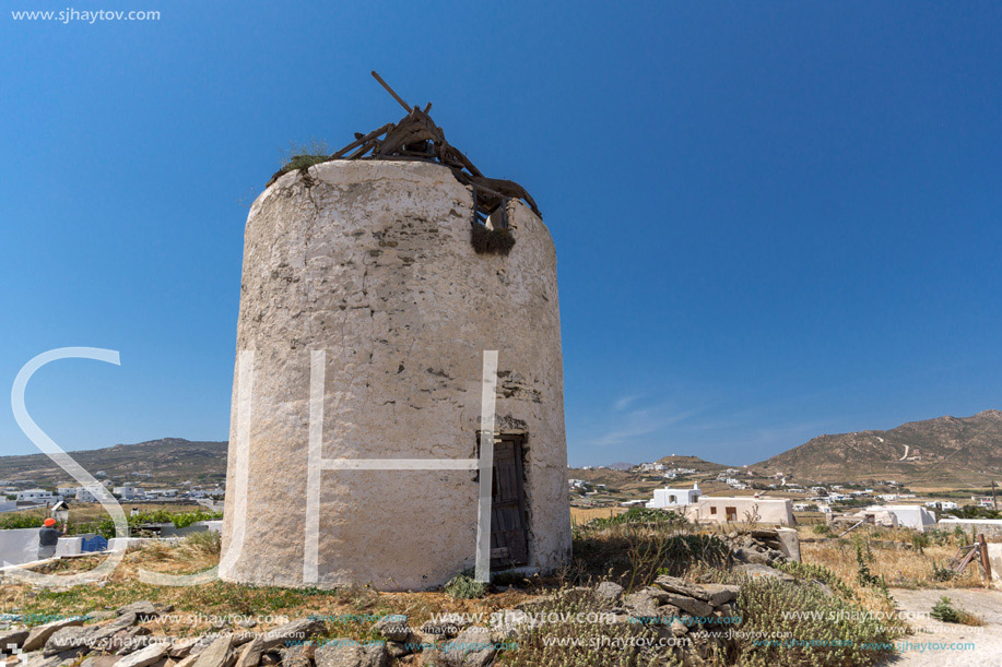 Ruins of windmill in Town of Ano Mera, island of Mykonos, Cyclades, Greece