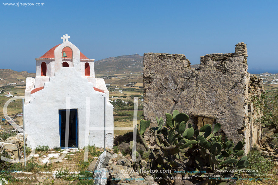 The ruins of a medieval fortress and White church, Mykonos island, Cyclades, Greece