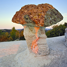 Sunrise over rock formation The Stone Mushrooms near Beli plast village, Kardzhali Region, Bulgaria