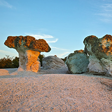 Morning landscape of rock formation The Stone Mushrooms near Beli plast village, Kardzhali Region, Bulgaria