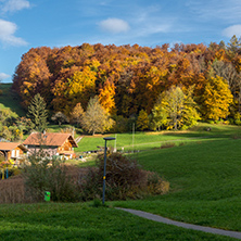 Autumn Landscape of Green meadows near town of Interlaken, canton of Bern, Switzerland