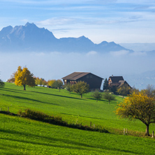 Amazing Landscape of Mount Pilatus and Lake Lucerne covered with frog, Alps, Switzerland