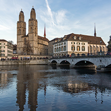 Panoramic view around Grossmunster church, City of Zurich, Switzerland