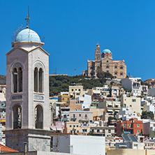 Panorama with belfry of Churches in town of Ermopoli, Syros, Cyclades Islands, Greece
