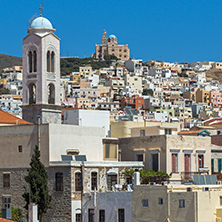 Panoramic view with belfry of Churches in town of Ermopoli, Syros, Cyclades Islands, Greece