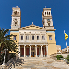 Amazing View of Orthodox Cathedral of Saint Nicholas, town of Ermopoli, Syros, Cyclades Islands, Greece