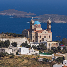 Orthodox Anastaseos church and panoramic view to Ermopoli, Syros, Cyclades Islands, Greece