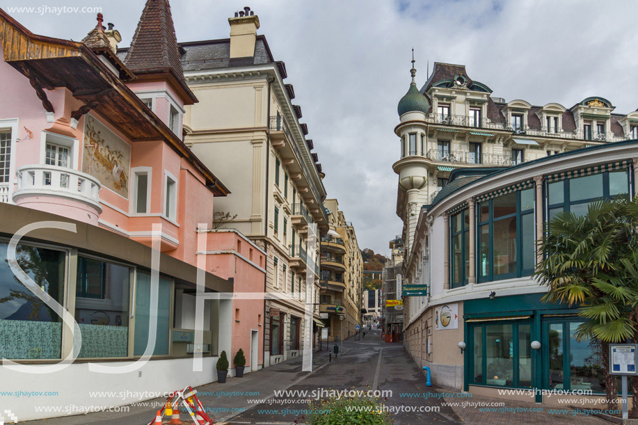 Street and old buildings in Montreux, canton of Vaud, Switzerland