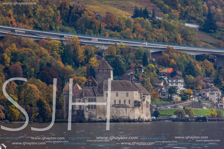 Chillon Castle and lake Geneva near resort of Montreux, Switzerland