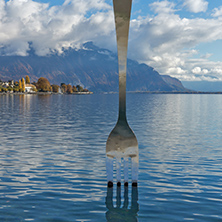 Landscape of Lake Geneva from town of Vevey, canton of Vaud, Switzerland
