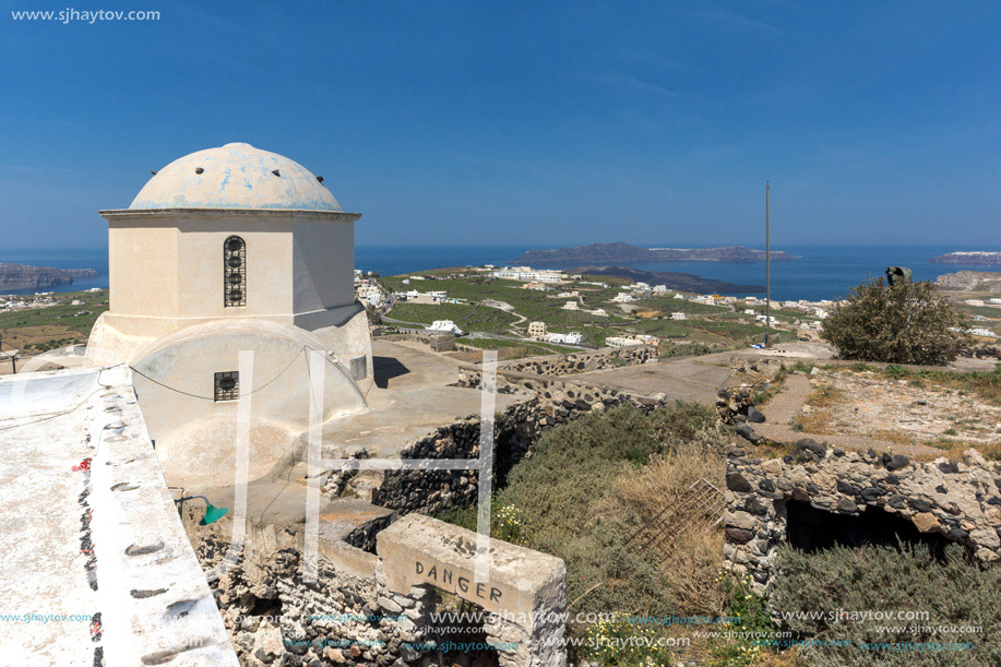 Amazing panoramic view to Santorini island ad white church,  Thira, Cyclades, Greece