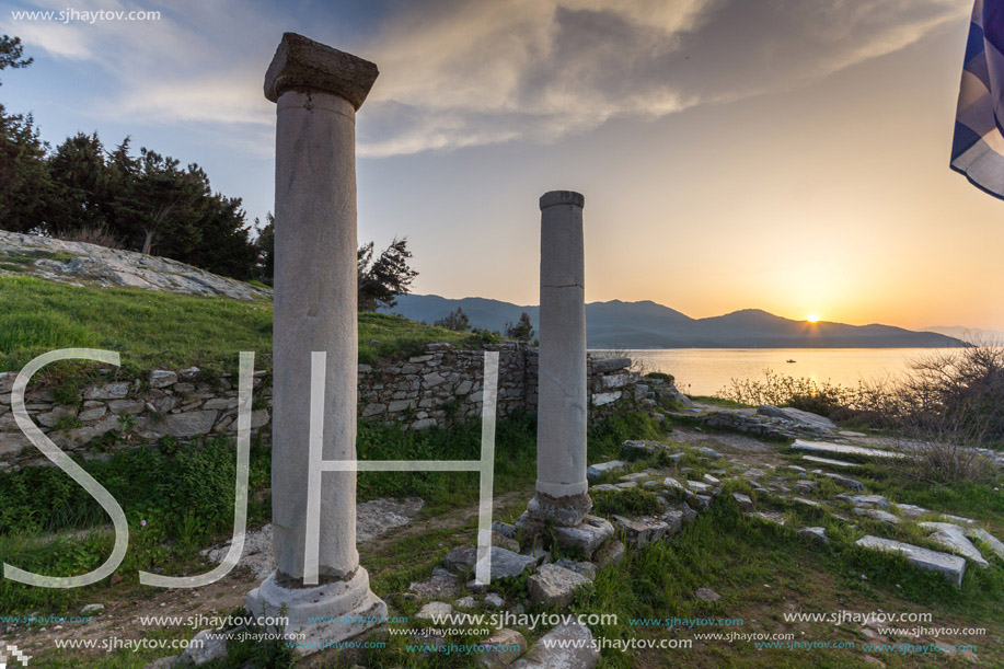 Amazing sunset on Evraiokastro Archaeological Site, Thassos town, East Macedo
