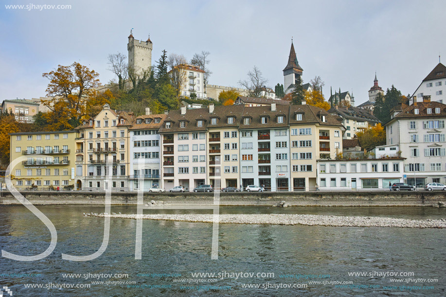 Amazing view of Old town and reflection in Reuss River, Lucerne, Switzerland