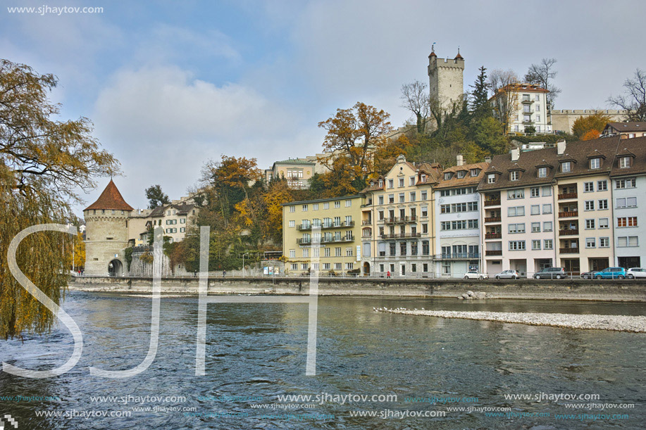 Panoramic view of Old town and reflection in Reuss River, Lucerne, Switzerland