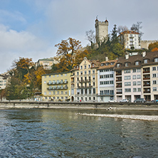 Panoramic view of Old town and reflection in Reuss River, Lucerne, Switzerland